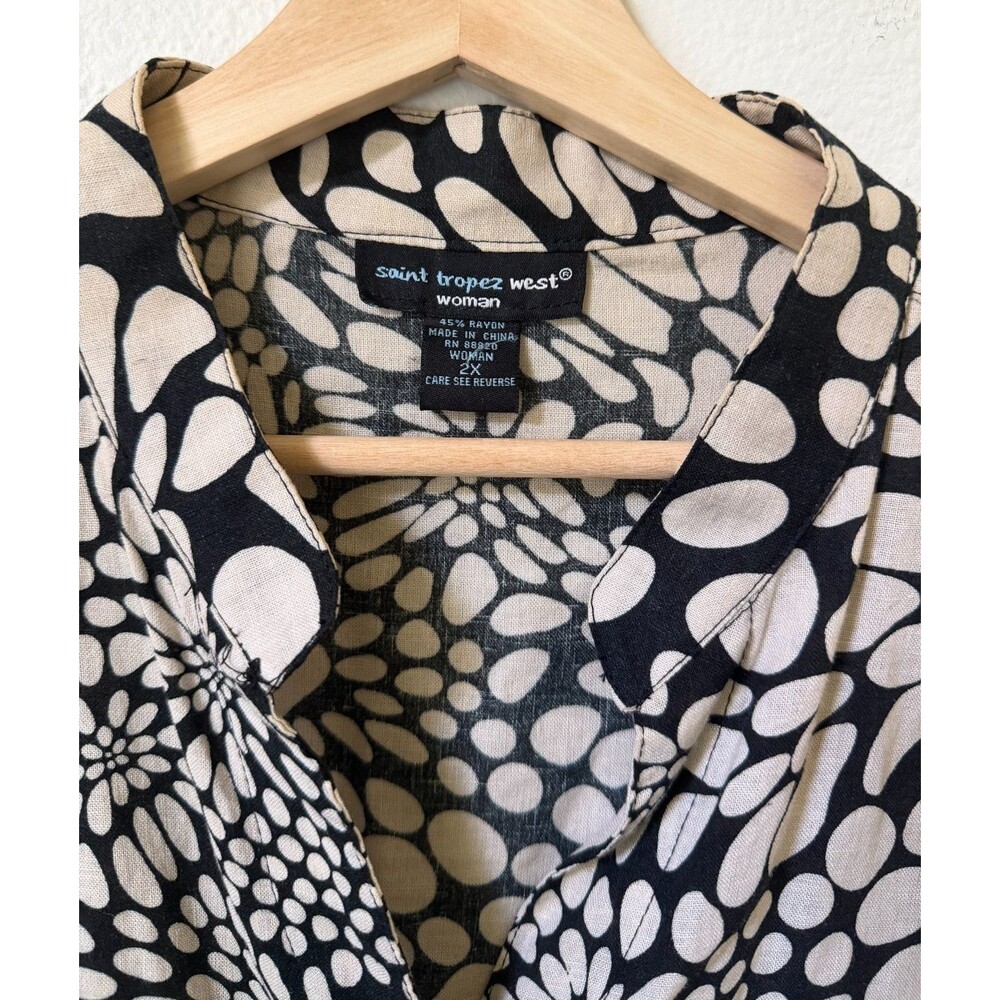 Saint Tropez West Shirt Women's 2X Beige Black Linen Button Up Boho Art Deco Top - Picture 3 of 11